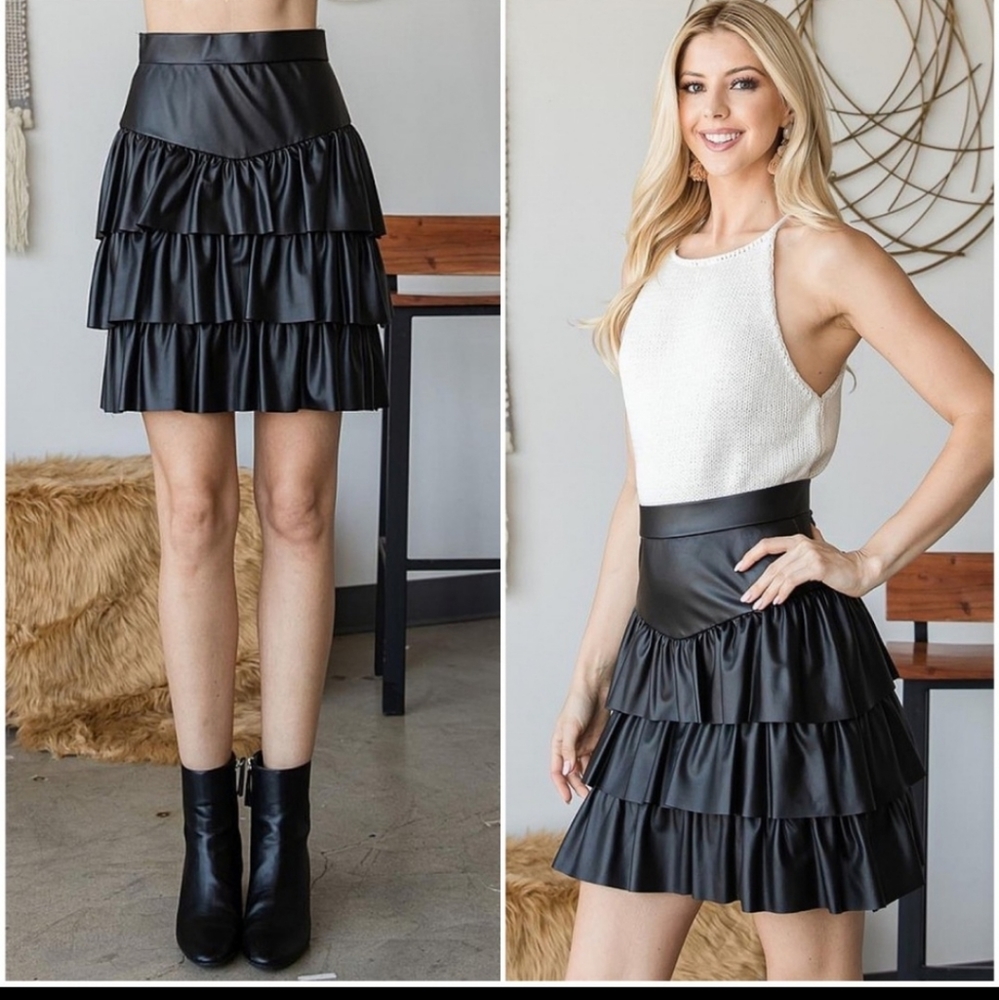 Faux Leather High Waist Layered Ruffle Mini Skirt
